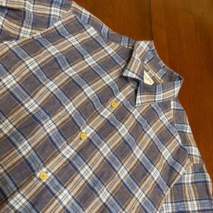 Baird McNutt 100% Linen Murano Mens Sz M Plaid Button Up Short Sleeve Shirt